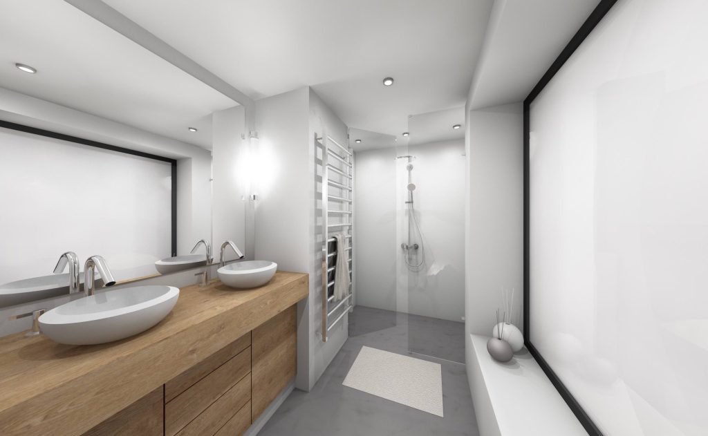 Vue 3D d’une salle de bains blanche épurée