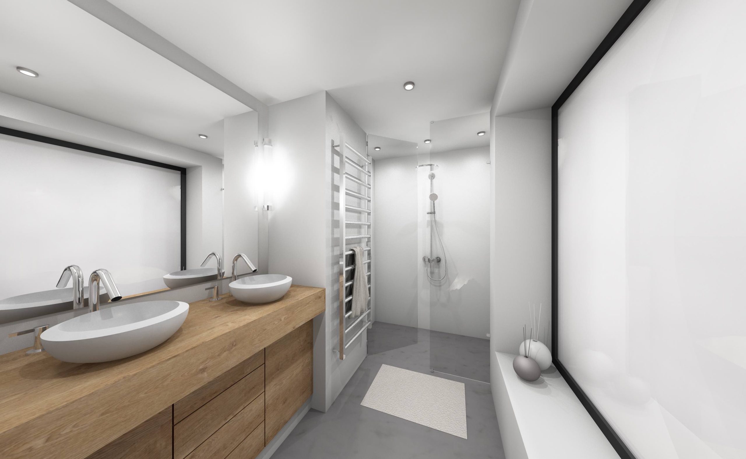 Vue 3D d’une salle de bains blanche épurée