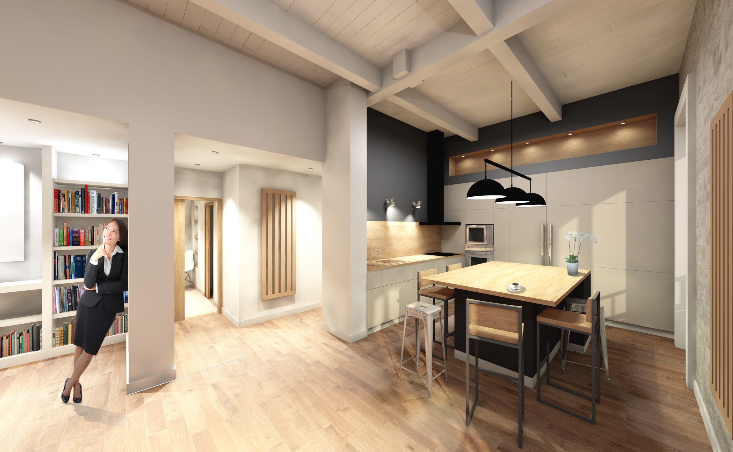 Vue 3D d’une cuisine ouverte sur le séjour
