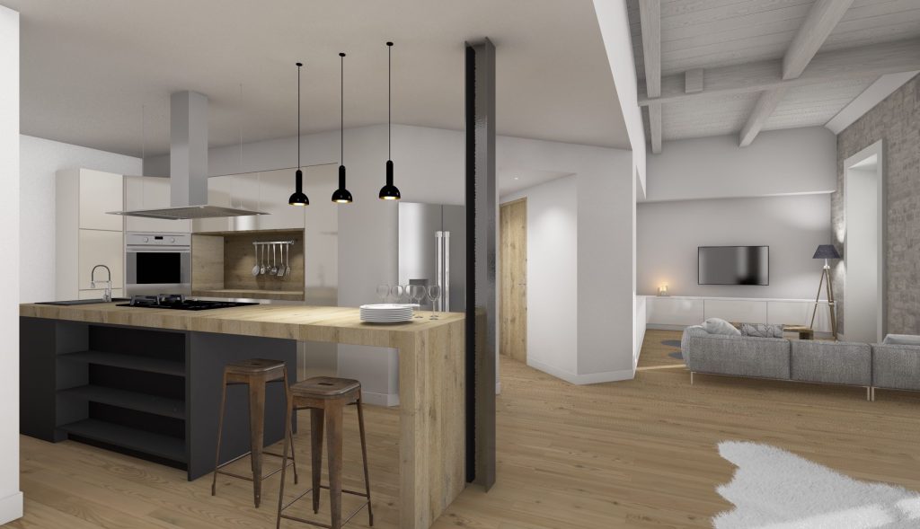 Vue 3D d’une cuisine ouverte avec îlot