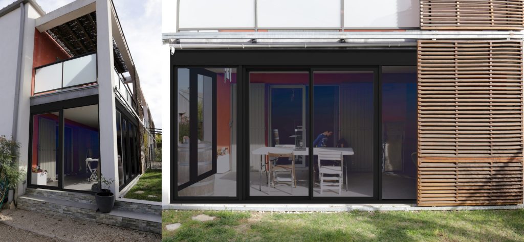 Vue 3D d’une extension vitrée à bardage bois