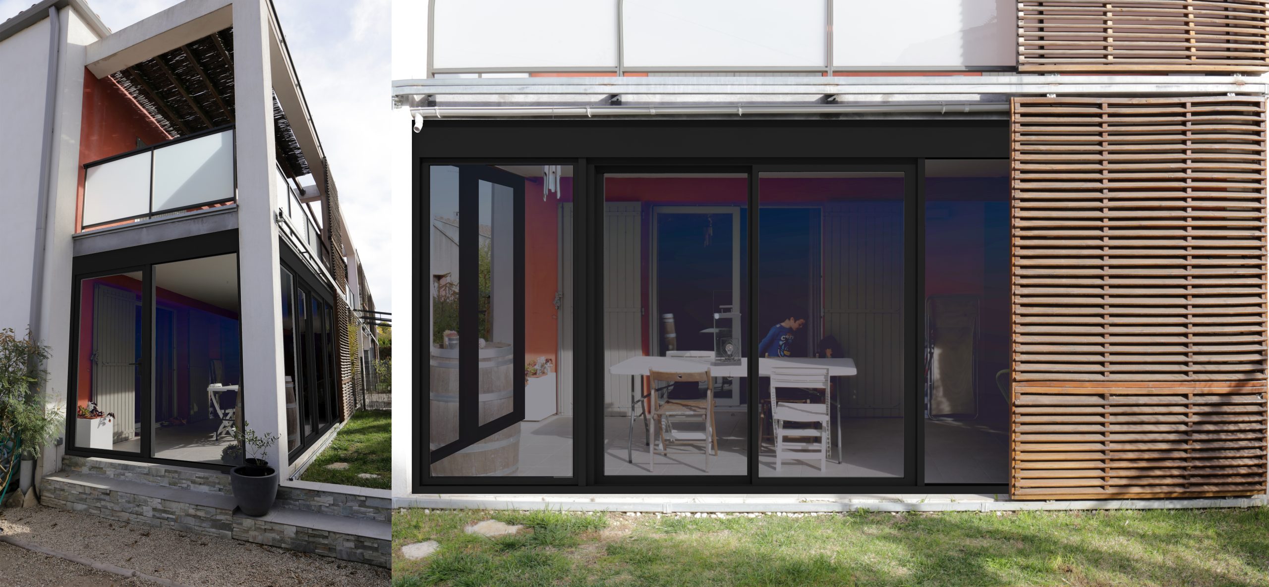 Vue 3D d’une extension vitrée à bardage bois