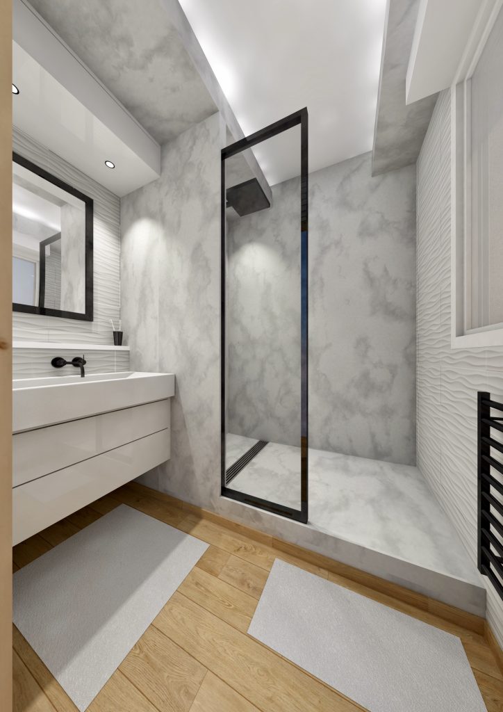 Salle de bains en marbre après rénovation