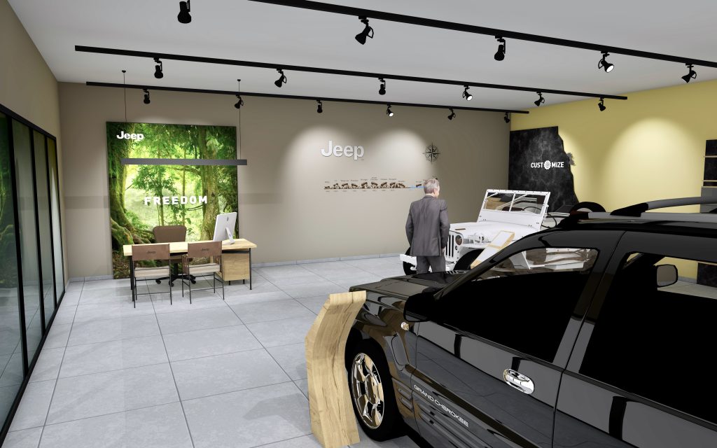 Vue 3D d’un showroom Jeep conçu par I2C
