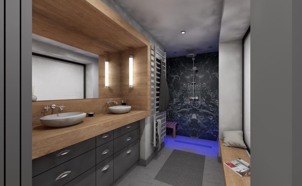 Vue 3D d’une salle de bains avec douche à l’italienne